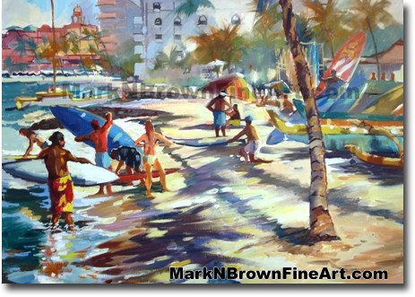 Waikiki Surf Lesson | Hawaii Art by Hawaiian Artist Mark N. Brown | Plein A