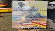 Keehi Beach Canoes In Progress<br>The Keehi beach canoes was started out with a gray under painting to build a foundation before adding all the color to the red and yellow canoes.